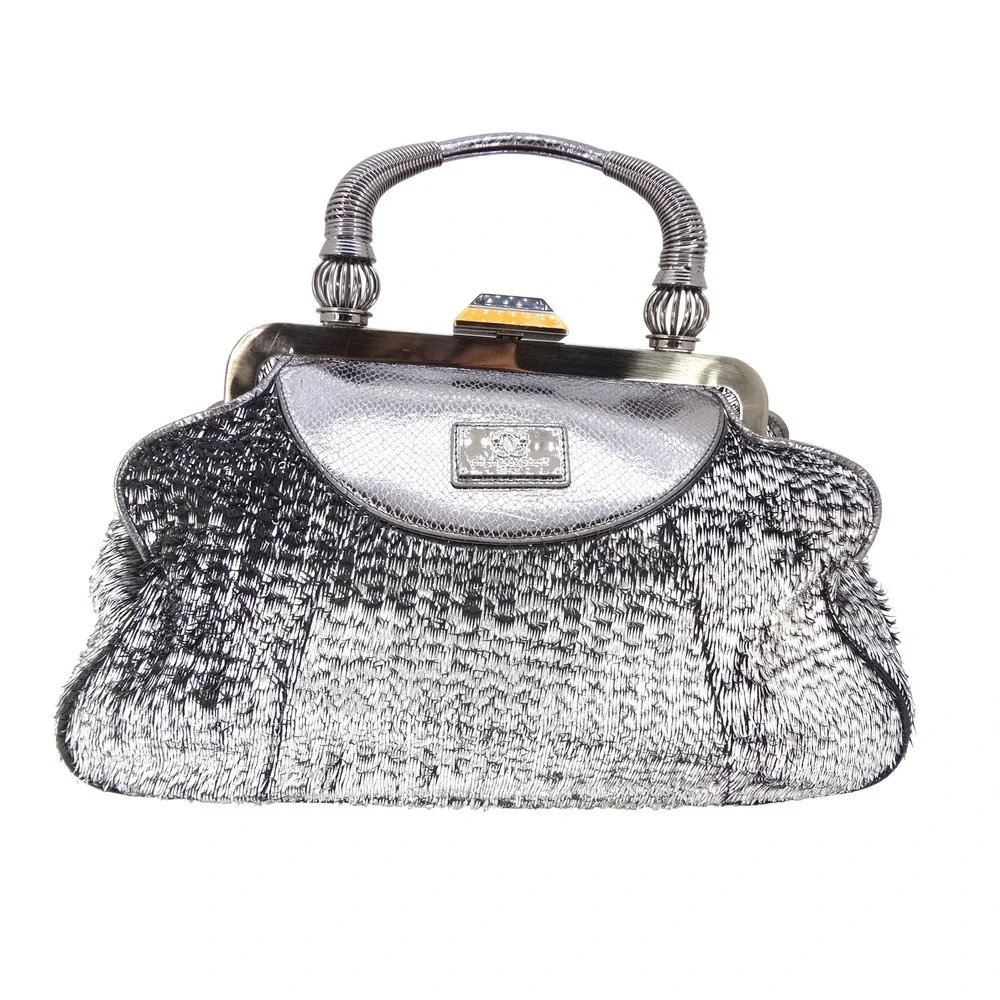 Original by Sharif Silver Metallic Embellished Evening Bag Tassel Frame‎ Purse